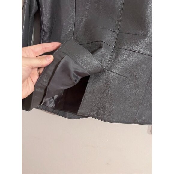 Vintage Leather Jacket Gray 8P Neutral Blazer Tailored Classic Chic Western 80s - Picture 11 of 14